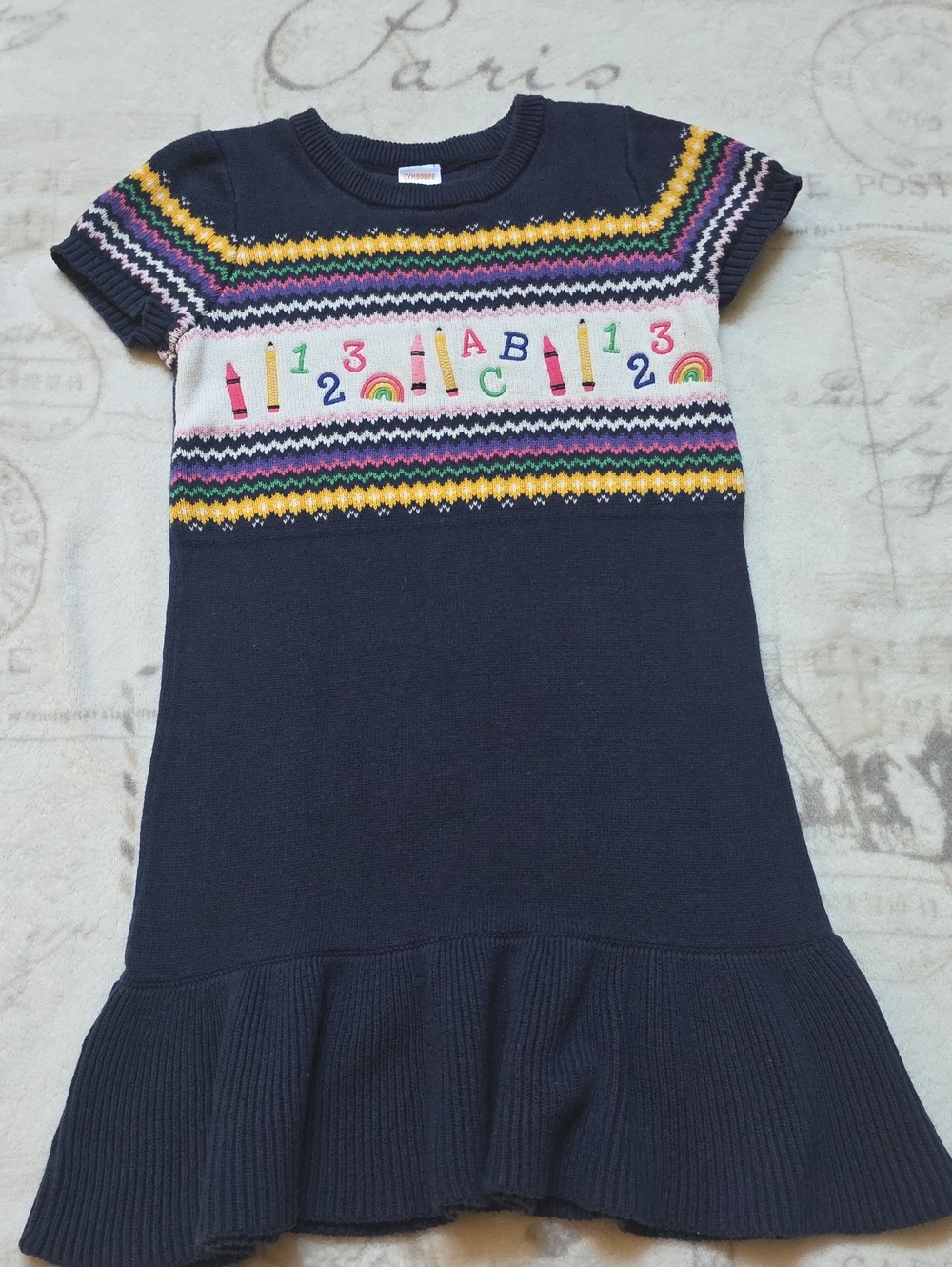 Girls Navy Knit Schoolyard Pattern Dress